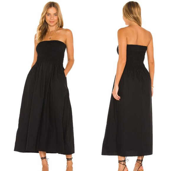 NEW FAITHFULL THE BRAND Madella Midi Dress in Plain Black Strapless Cotton S - Picture 1 of 8